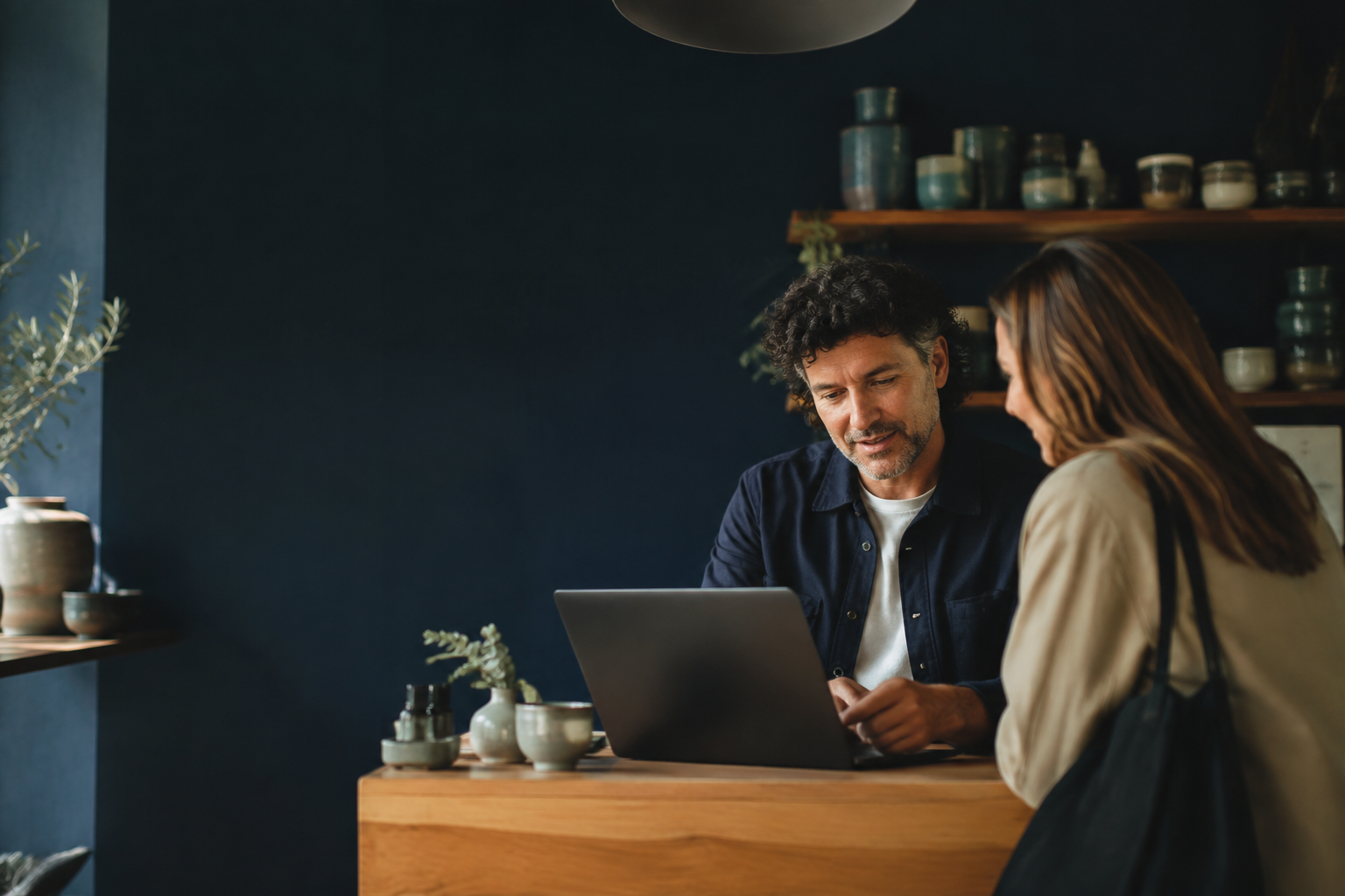 Small business owner reviewing a new website in their studio
